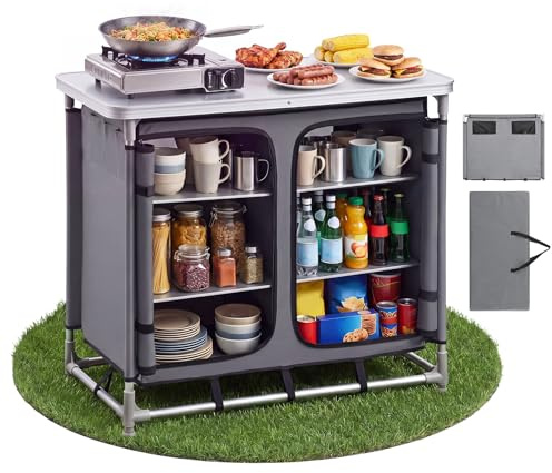 VEVOR Camping Storage Cabinet, Outdoor Portable Aluminum Lightweight Table, Quick Set-up Compact Kitchen Cook Station, with 6 Shelves and Carry Bag, for Picnic, BBQ, Party, Camping, RV Traveling