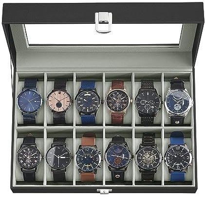 SONGMICS Watch Box, 12-Slot Watch Case Organizer with Large Glass Lid, Removable Pillows, Gift for Loved Ones, Black Synthetic Leather, Gray Lining UJWB12BK