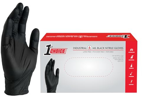 1st Choice Industrial 6 Mil Black Nitrile Gloves, Latex Free, Powder Free, Textured, Disposable, Non-Sterile, Size XLarge, Box of 100, 1PBNXLBX
