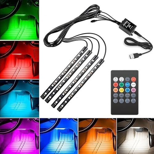 VIFERR 4pcs Tiras LED Coche - Luces Led Coche Interior 48 LED, Luz Interior Coche con Control Remoto, Multi DIY Color Música Auto Interior Atmósfera Led Iluminación Accesorios Coche