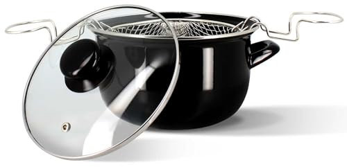 MENASTYL 3645579 - Freidora de 20 cm de acero esmaltado negro y borde cromado, incluye tapa y cesta, para deliciosas patatas fritas caseras