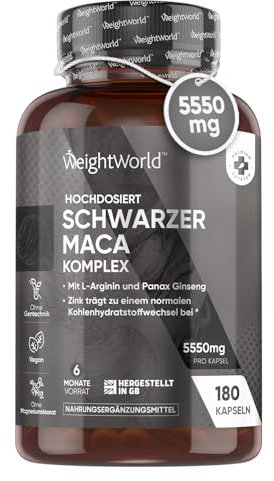 Maca Peruviana, 180 Capsule Vegane, 1 al Giorno (6 Mesi), Estratto 100:1, Maca Nera Complex con L Arginina, Zinco come Zinco Citrato, Panax Ginseng, Pepe Nero, Senza Magnesio Stearato, Senza Glutine