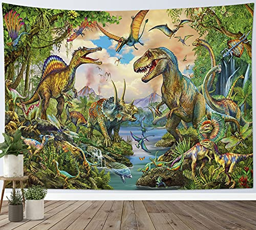 LB Dinosaur Tapestry for Kids Bedroom Green Forest Wall Hanging Tapestry for Living Room Dorm Wall Decor Birthday Party Background,78x59 inch