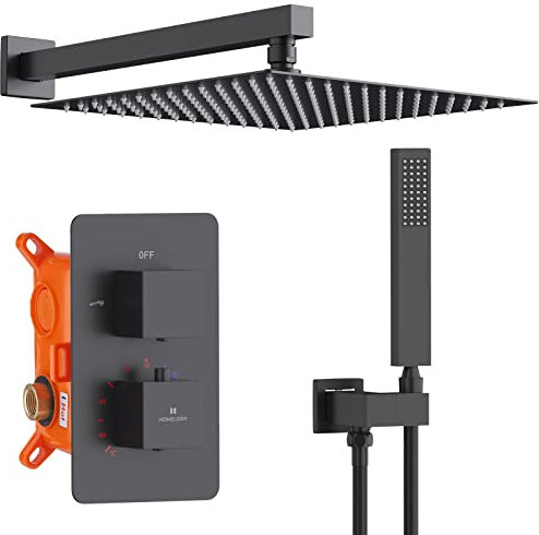 HOMELODY Schwarz Duschsystem mit Thermostat Unterputz Regendusche Duschsystem Eckig,Duscharmatur Duschset Dusche 12 Zoll Kopfbrause Anti-Verbrühungs-Duschsystem inkl. Handbrause,Messingkörper