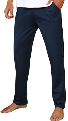 Litherday Pantalon de Pyjama Homme en Coton Bas de Pyjama Longue Couleur Unie Vêtement de Nuit avec Poches à Cordon Doux Léger Confortable,Bleu Foncé,XL