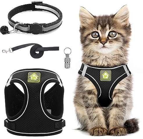 Cat Harness and Lead Set,Adjustable Reflective Stripe Cat Kitten Walking Vest with Leash Cats Collar,Escape Proof Soft Mesh Vest Harness and Lead for Small Medium Cats Pets Walking