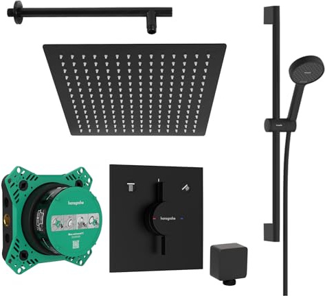 vanvilla Duschsystem mit Unterputz Duscharmatur von Hansgrohe Duo Turn E und vanvilla Regendusche mit Armatur, Duschkopf eckig, Dusch-SET HGS211 schwarz matt