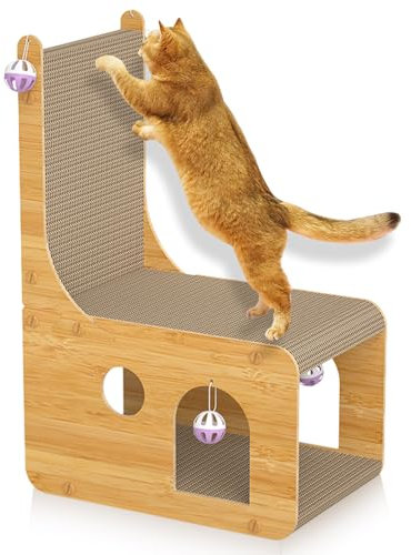 Kratzbrett Katzen, Doppeldecker Katzenbett mit L-förmigem Kratzbrett – Verschleißfeste Kratzpappe mit 4 Ballspielzeuge & gemütlicher Liegefläche – Multifunktionales Katzenhaus (60x40x23cm)