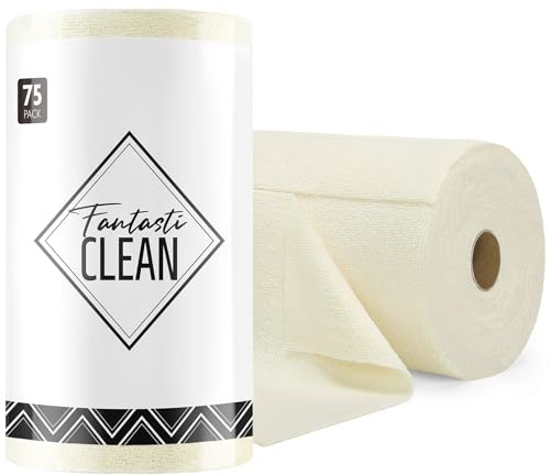 Fantasticlean Lot de 75 Chiffons de Nettoyage, Rouleau de Chiffon en Microfibre Déchirable, Lavettes Réutilisables et Non Pelucheux 30 x 30 cm - Beige