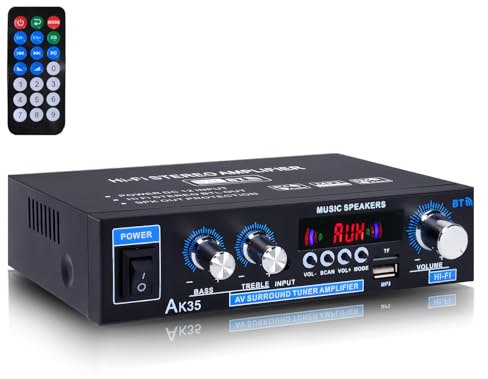 AK35 200W Stereo Audio Amplifier Bluetooth 5.0, 2.0 Channel Mini Amplifier Stereo Receivers with Bass & Treble Control,Home Amplifier w/AUX, USB, SD Card Input,Remote Control