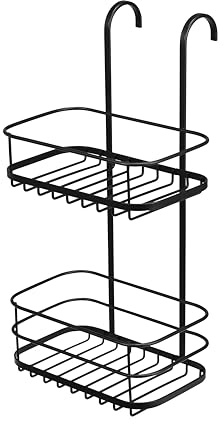 Croydex Black Hook Over Shower Organiser with 2 Shelves, Shower Caddy Bathroom Storage Holder, Contemporary Bathroom Accessory, Durable Powder Coated Mild Steel, Rust Free Guarantee