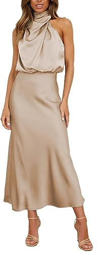 BDSCZW Robe élégante en satin pour femme - Sans manches - Taille haute - Robe de mariage formelle - Robe d'invitée de mariage - Robe de cocktail - Robe de bal - Robe de fête - Robes mi-longues (XS, L)