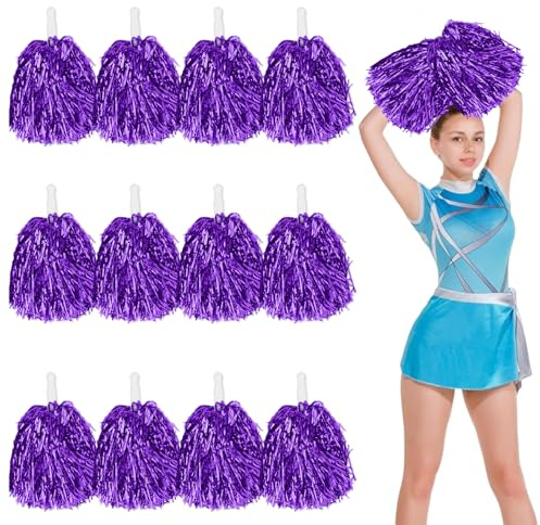 12pcs Cheerleading Pom Poms with Handle Cheerleader Pompoms Metallic Foil Pom Poms Cheerleader Outfit Accessories for Sports Team Spirit Cheering Party Dance Night Party (Purple)