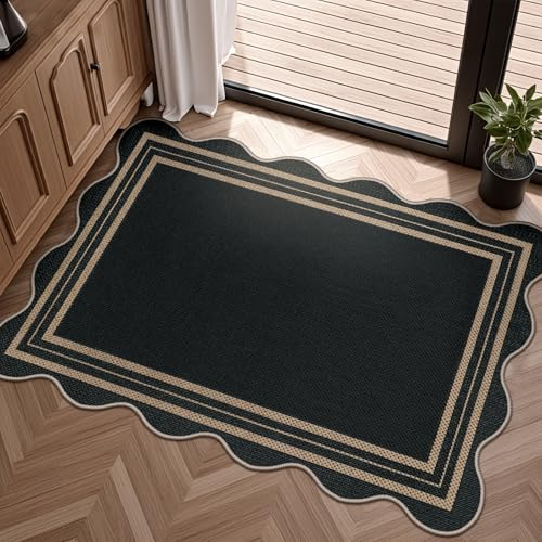 LORWER Easy Jute Black Kitchen Rug, 2x3 Front Door Mat Washable Non Slip Small Entryway Rug, Indoor Outdoor Farmhouse Scalloped Doormat for Bathroom Doorway Porch