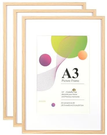 Scholar Tree A3 Oak Frame - 3 Pack A3 Picture Frame, Oak Picture Frames 29.7 x 42cm, A3 Picture Frames with Wall Hanging, Wooden Photo Frames with A4 Mount
