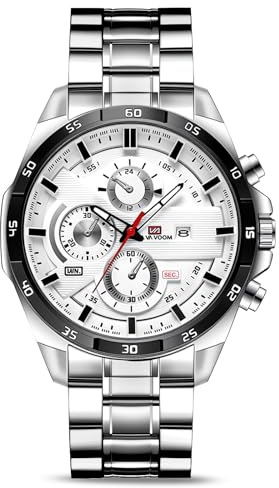 OFFCUP Reloj para Hombre, 50mm Cronografo Impermeable Relojes, Reloj Analógico de Cuarzo con Correa en Acero Inoxidable et Fecha Automática, Negocios Casual Relojes de Pulsera para Hombres (Plata)