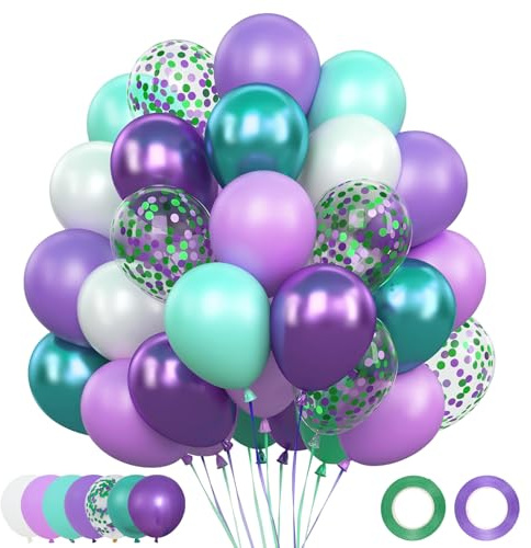 Mermaid Balloons 62pcs-Purple and Teal Balloons Glitter Purple White Latex Balloon with Confetti Mermaid Party Balloon for Girls Mermaid Theme Birthday Party Decorations, Under the Sea, Ocean Theme