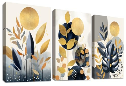 3 Pcs Wooden Framed Canvas Wall Art Set Boho Botanical Plants Painting on Canvas Prints Poster Gold Navy Blue Tropical Leaves Pictures for Living Room Bedroom Hallway Stairs Wall Decor 50x70 cm x3pcs