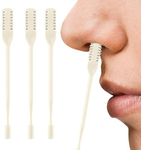 AprYew 2-in-1 Nasal Hair Cutter, Nose Hair Trimmer for Men Women, 360° Rotating Portable Manual Nose Hair Remover Tool with Ear Picker, Double Sided Noses Hairs Knife Travel Essentials (Beige, 3PC)