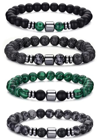 YUBBYSTU 4PCS Natural Stone Beads Bracelet Set Mens Beaded Bracelets Set 8MM Tiger Eye Lava Stone Stretch Natural Stone Men's Bead Handmade Bead Gift for Men Women Anniversary Valentines Birthday