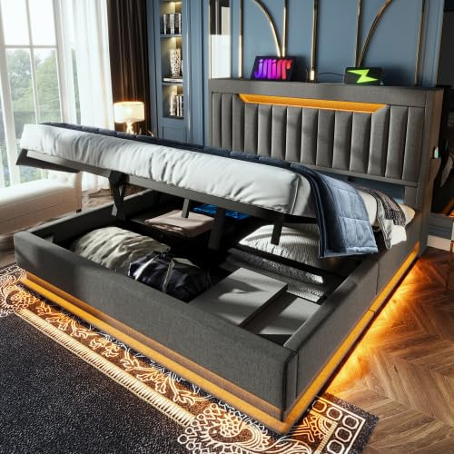 6ft Super King Size Bed Frame with Hydraulic Lift&LED Concealed Storage Headboard, Functional Upholstered Ottoman Bed with LED Lighting&USB Charging, Linen Gas Lift Storage Bed, No Mattress, Grey