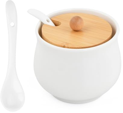 Astralong Azucarero de Cerámica Blanca con Tapa de Bambú y Cuchara, Tarro de Especias Salero 230 ml, 8,5 × 8 cm Salero Cocina, Contenedor para Azúcar, Sal, Té y Condimentos, para Cocina y Hogar