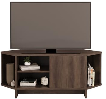 Bimossa Teo Corner TV Stand – Space-Saving TV Unit for 43–48'' TVs, Compact Media Console with Open Shelves & Cabinet, Ready to Assemble, Available in 5 Colours (Dark Walnut)