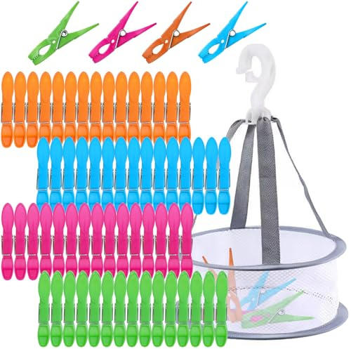 Mauepersu 60 Piezas Pinzas de Ropa Fuertes con Cesta - Pinzas Antideslizantes Resistentes al Viento para Ropa, Calcetines y Toallas