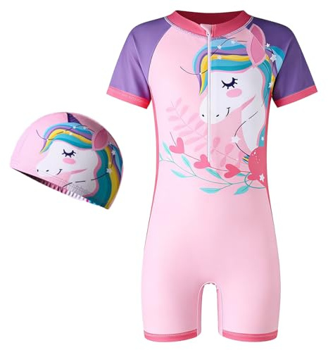 LXEASYGO Girls Swimming Costume with Swim Cap Zipper One Piece Kids Swimsuit Short Sleeve Swimwear for Children Ages 4–10 (UK, Age, 7 Years, 8 Years, Regular, Pink)