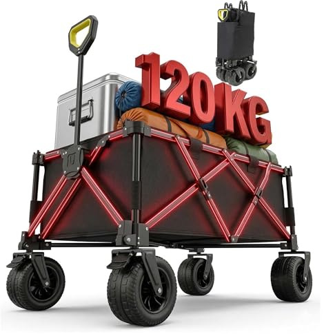 Carrito Plegable Grande Camping y Playa 120 kg, Carro Transporte con Ruedas Anchas Todoterreno 360° con Doble Freno, Tela Oxford 600D Impermeable, Mango Telescópico 64–96 cm, Base Reforzada + Funda