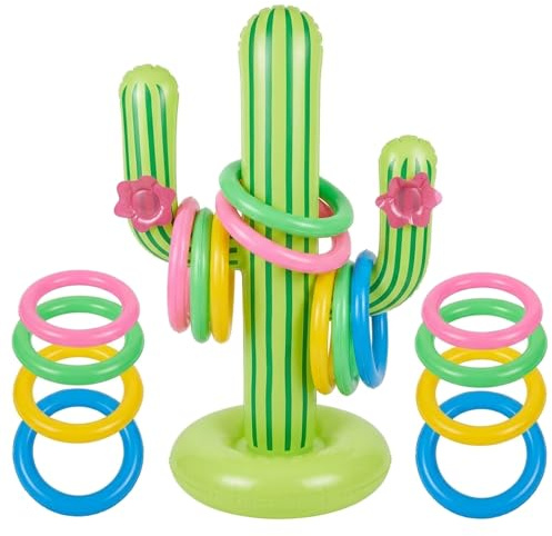 9 Pcs Inflatable Pool Games and Beach Games, Inflatable Cactus Ring Toss Set with 8 Rings, Swimming Pool Games and Outdoor Activities, Ideal for Birthday Parties and Family Gatherings
