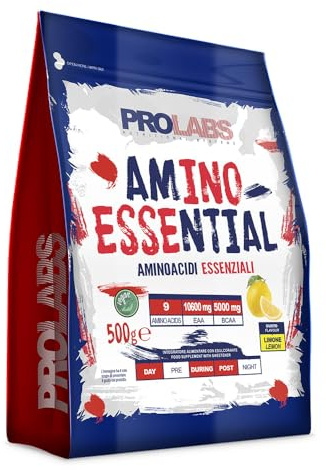 PROLABS – EAA Aminoacidi Essenziali AMINO ESSENTIAL Fermentati Polvere 100% Veg con BCAA Ramificati 2:1:1 e Vitamina B6, Amminoacidi Essenziali Post Intra Workout, Integratore per Sportivi 500g Limone