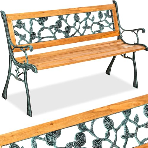 tectake® Trädgårdsbänk Marina, 2-Sits, Stabil och Robust i Trä och Gjutjärn, Vädertålig, För Inom- och Utomhusbruk, Naturträ med Dekorativa Sidodelar, 124x52x74cm