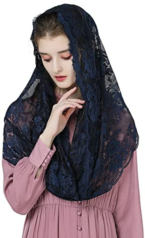 BEAUTELICATE Infinity Mantilla Veil Catholic Church Latin Mass Holy Communion Religious Ceremony Head Cover Formal Lace Scarf Navy Blue Black V115