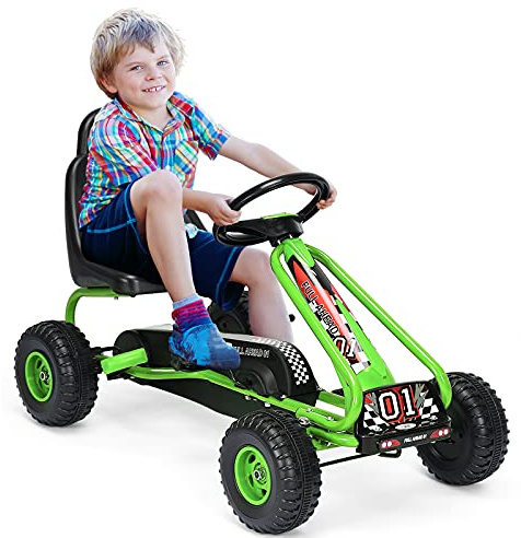 GOPLUS Gokart mit verstellbarem Sitz, Tretauto mit Handbremse und geschlossener Kettenabdeckung, Vor- und Rückwärtsgang, Tretfahrzeug für Kinder ab 3 Jahre bis 30 kg (Grün)