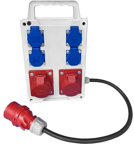 Hilark Distributeur de Courant Coffret de chantier avec 6 prises à clapet IP44 / IP54 et de câble (câble de 1 mètre, 2 prises 32A, 4 prises 16A 230V)