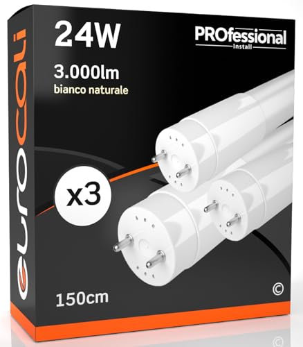 Eurocali Tubi LED 150cm G13 T8 24W Professionale Alta Efficienza Garanzia 5 Anni 3000 lumen - Luce Bianco Naturale 4000K - Fascio Luminoso 160° - Sostituzione Neon - Pacco da 3