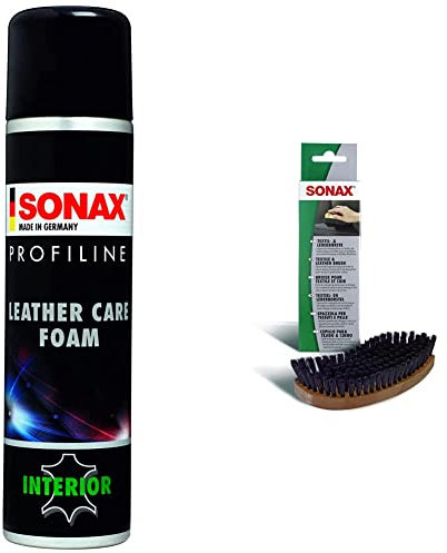 SONAX PROFILINE Leather care foam (400 ml) mousse de nettoyage et d'entretien | Réf: 02893000 & Brosse pour textile et cuir (1 pièce) ergonomique avec des poils souples | Réf: 04167410