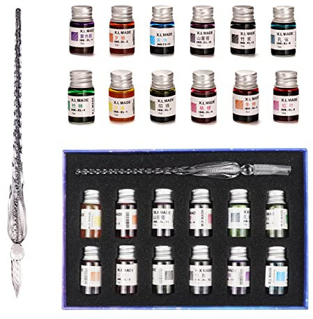 AOKUY Glasstift-Set, Kalligraphie-Stifte, 12 bunte Tinten, Kaligraphie-Sets für Kunst, Schreiben, Unterschrift, Dekoration, Geschenk