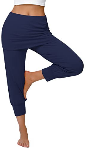 Terecey Yogahose Damen mit Rock 3/4 Caprihose Elegant Freizeithose Baumwolle Jogginghose Hohe Taille Pumphose Haremhose für Yoga Pilates Tanzen Joggen Navy Blau S
