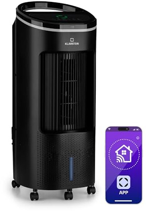 Klarstein Condizionatore Portatile 65W, 4in1 Climatizzatore Portatile, Raffrescatore d'Aria Silenzioso con Night Mode, Deumidificatore, Rinfrescatore, Ventilatore, Serbatoio da 7L, 330m³/h, Nero