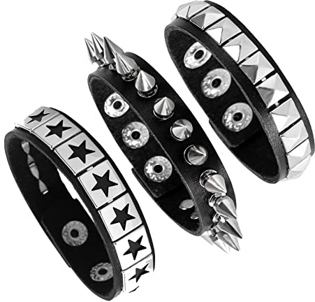 Eigso 3 Pcs Punk Rivets Clous Set de Bracelet Homme Femme Rétro Vintage Classic Brassard Cuir étoile
