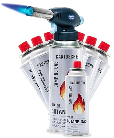 Gasbrenner mit Kartuschen Bunsenbrenner mit Piezozündung Lötbrenner für Hart und Weichlöten Lötlampe Schweißbrenner max. 1300°C Temperatur (Lötbrenner mit 8 Kartuschen)