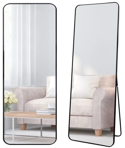 OWLKELA 140x50cm Standspiegel, Ganzkörperspiegel - Runde Ecke mit Schwarzem Rahmen, Freistehender oder hängender Spiegel, Ankleidespiegel, Schlafzimmer, Wohnzimmer - 1 Packung