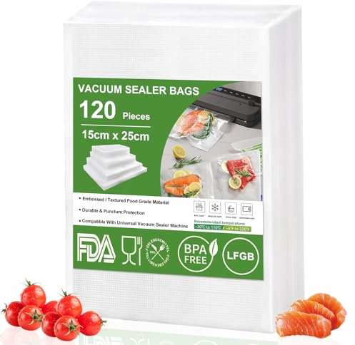 Omtofo 120 Bolsas Vacio Alimentos 15x25 cm, Bolsa gofrada envasado al vacio Sin BPA, para Conservación de Alimentos y Sous Vide Cocina & Boilable Bolsas Envasar al Vacio