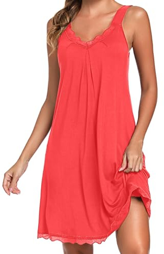 Uniexcosm Camisón de Mujer Algodon Camisones Mujer Sexy sin Manga Camisón con Tirantes Antideslizantes Cuello en V Ropa de Dormir Vestido Ligero y Suave para Hogar Melon Rojo XXL