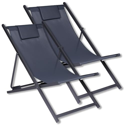 FIFITARA 2 sedie a sdraio pieghevoli in metallo, colore antracite, portata fino a 110 kg, schienale regolabile in 4 livelli, per giardino, balcone, terrazze, sedia pieghevole da spiaggia
