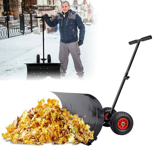 MAYTIIMO Pala quitanieves con 2 ruedas, altura regulable en 5 posiciones, protección de espalda, pala de nieve, 75 cm, metal, ancho de trabajo 42 cm, altura negra