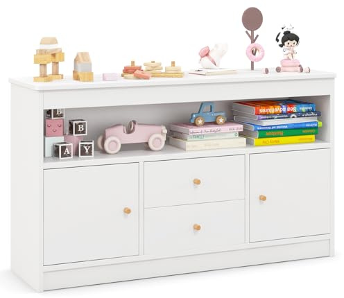 RELAX4LIFE Estantería para Niños, Organizador de Juguetes con Encimera Amplia, Estante Abierto, 2 Cajones y 2 Gabinetes con Puertas, Armario de Madera para Sala de Estar, Dormitorio, Estudio (Blanco)