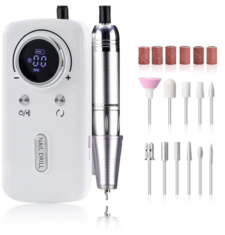 OLYSPM Torno para Uñas Profesional 45000 RPM, Torno Uñas Taladro Eléctrico Recargable con Pantalla LED, 10H Duración, Bajo Ruido,12 Puntas,para Uñas Acrílicas/Gel/Semipermanente